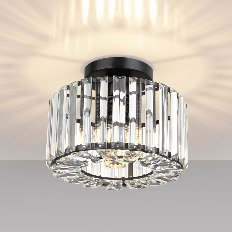 1 - Light 9.05" Crystal Semi Flush Ceiling Light Modern Crystal Black Fixture for Living Room Hallway Bedroom, Black