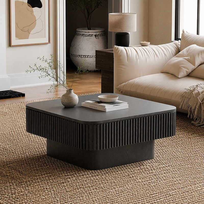 Table basse 31,5 po carrée avec rangement Table d'appoint moderne en placage de bois massif pour salon, chambre à coucher, appartement ou bureau, noir