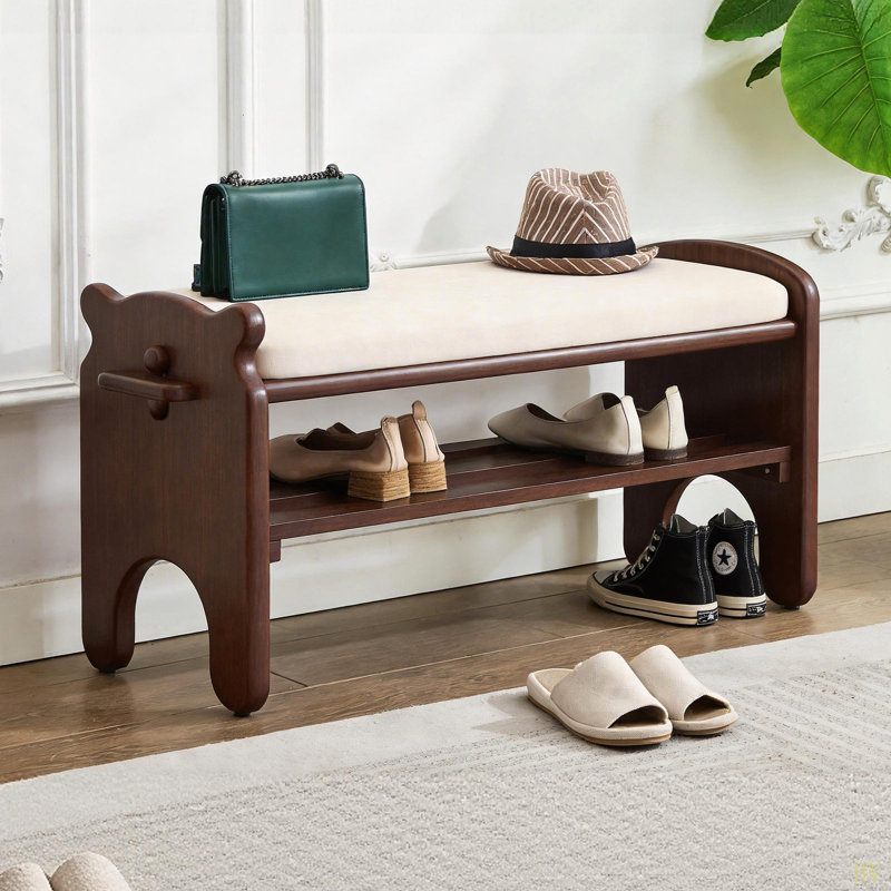 Banc à chaussures en bois massif, banc d'entrée en bois à 2 niveaux, range-chaussures moderne avec coussin en similicuir pour le couloir, le salon