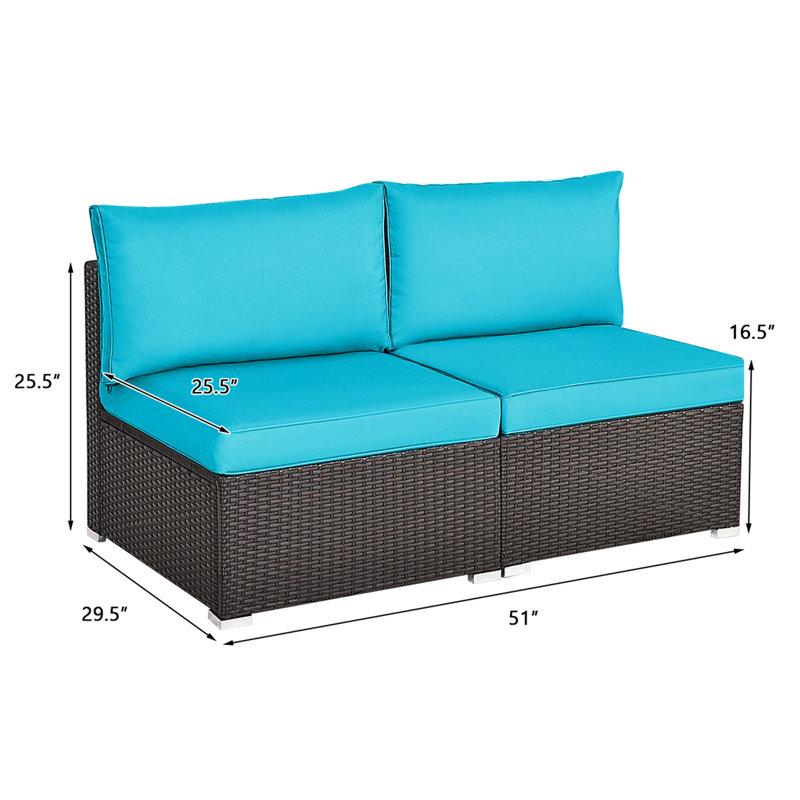 Jeadon 51'' Wide Straight Wicker Patio Sofa with Cushions, Turquoise