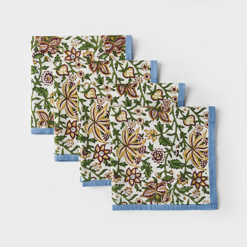 18x18 Inch Set Of 4 Cotton Hand Block Printed Napkins, Blue