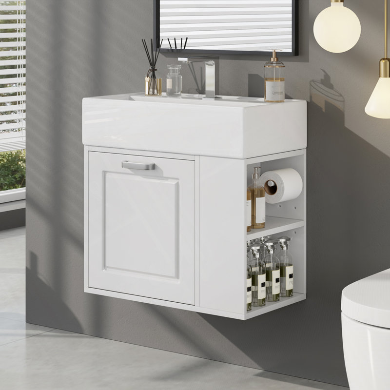 Meuble-lavabo de salle de bain avec lavabo, armoire flottante murale, grand tiroir et tablette réglable, Blanc