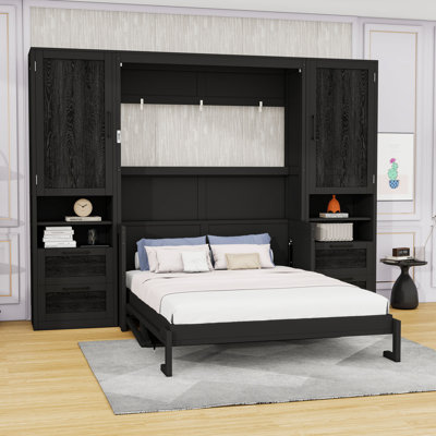 Queen Size Murphy Bed with Integrated Storage Drawers and Shelves