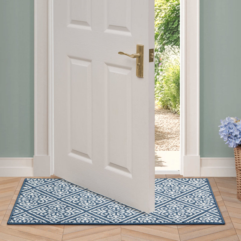 Austell Machine Woven Synthetic Geometric Area Rug in Blue/White, Rectangle 2'2" x 3'9"