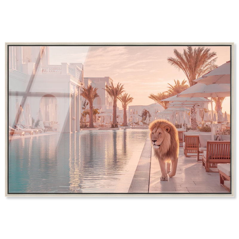 «Lion at the Resort», impression murale rétro par Notoriart, cadre noir, 24 x 16, H 17 po x l 25 po, Boîte-cadre noire