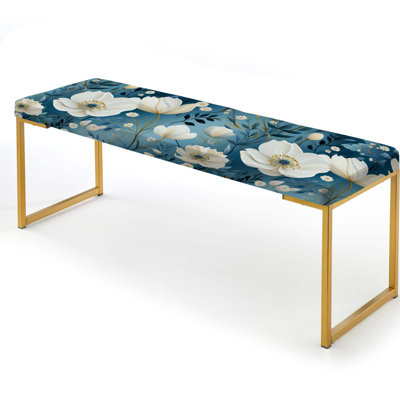 White And Blue Blossoms Meadow Serenity I - Floral Upholstered Gold Bench