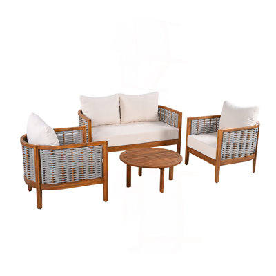 Outdoor Unique Tub Design 4-Seat Sofa Set With Woven Rope, 4 Pieces Acacia Wood Patio Furniture Set, Deep Seating With Soft Cushions For Porch, Garden, Backyard, Balcony