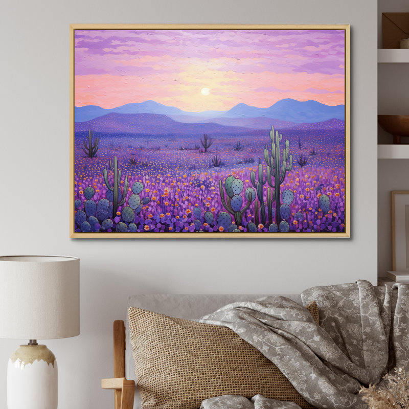 Cactus lavande paysage I sur toile, Cadre naturel flottant, H 30 po x l 40 po x P 1,5 po