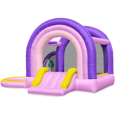  Outfunny Inflatable Bounce House with Slide, Large Bouncy Castle for Kids 3-8 w/ Ball Pit, Outdoor & Indoor, Bounce Area 8'x8', Capacity 400 lb-Purple