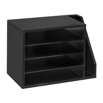 Literature Organizer, 4 Compartments Office Mailbox with Detachable Shelves, Wooden Mailbox Sorter with Side Vertical Storage, Countertop Office Home Organizer for File, Document, Paper, Black