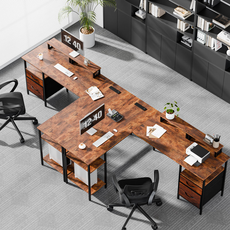 Bureau en L avec tablettes de rangement, bureau d'ordinateur réversible avec prises intégrées et support de moniteur