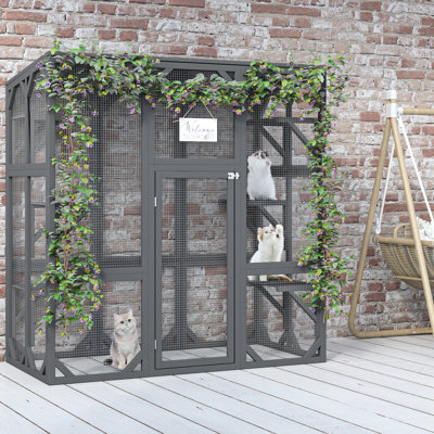 Outdoor Cat Enclosure With Six Platforms, Waterproof Roof, Galvanized Steel Wire Mesh For Pets' Security, Grey Large Mesh, Stable Construction, Gray