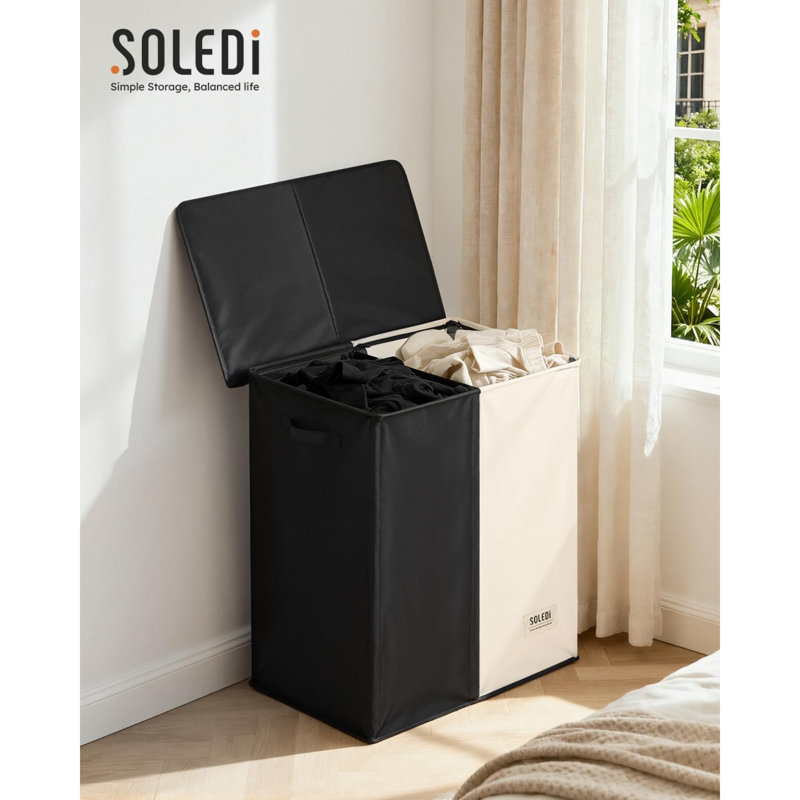 Large Double Laundry Hamper With Lid, Collapsible Clothes Hamper 2 Section With Removable Bags, Space-Saving Laundry Basket For Bedroom, Dorm, College