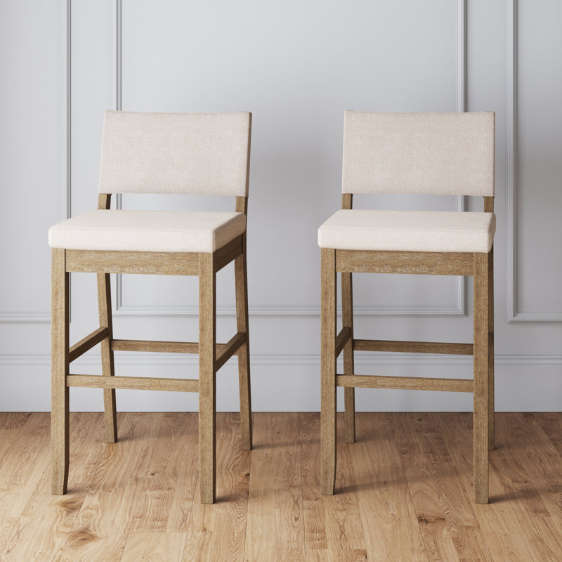 Natural Flax and Light Brown Upholstered Bar Stools, Set of 2