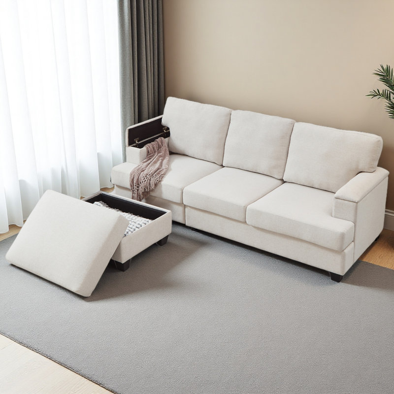 Canapé en L de 86 po avec organiseur d'accoudoirs, canapés à 3 places avec repose-pieds mobile, canapé modulaire confortable avec coussin épais, canapés modulaires en lin pour le salon