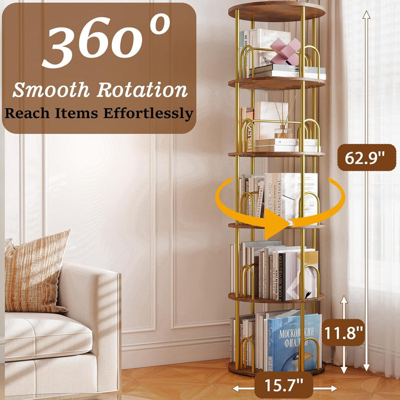 5-Tier Rotating Bookshelf, 360° Round Spinning Book Shelf Tower, Tall Skinny Wood & Metal Bookshelf, Gold