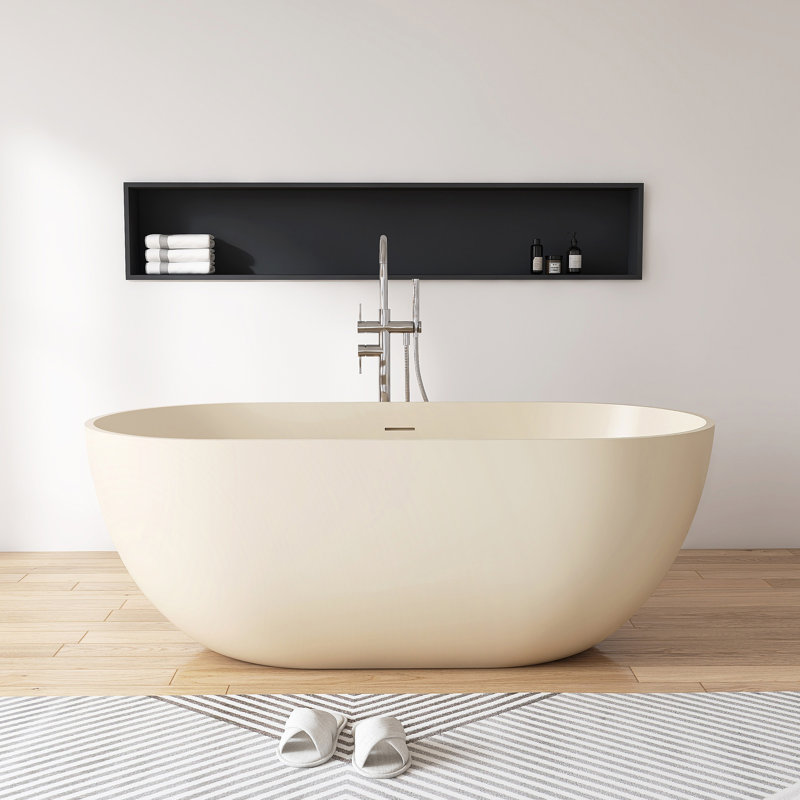 59" x 30" Freestanding Bathtub Solid  Surface Stone Resin Soaking Tub, Milk Coffee