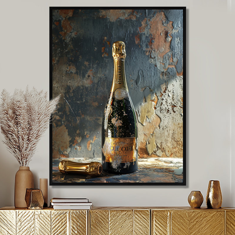 Décoration murale rétro «Glam Champagne» - vin et champagne, Toile avec cadre flottant noir, H 20 po x l 12 po x P 1 po