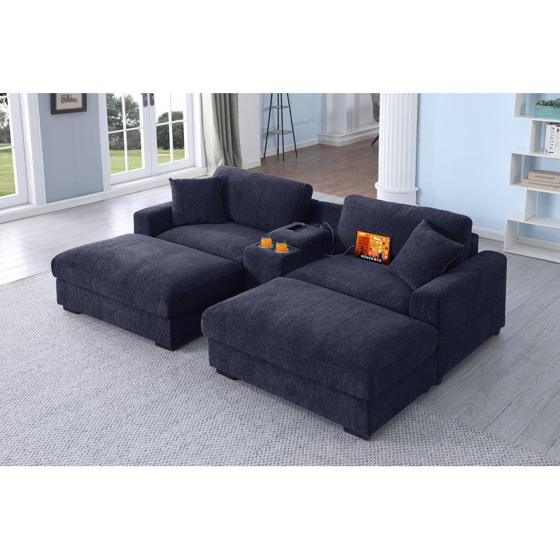 Upholstered Chaise Sleeper Sofa With Cup Holder Console & Ottomans, Dark Blue Polyester