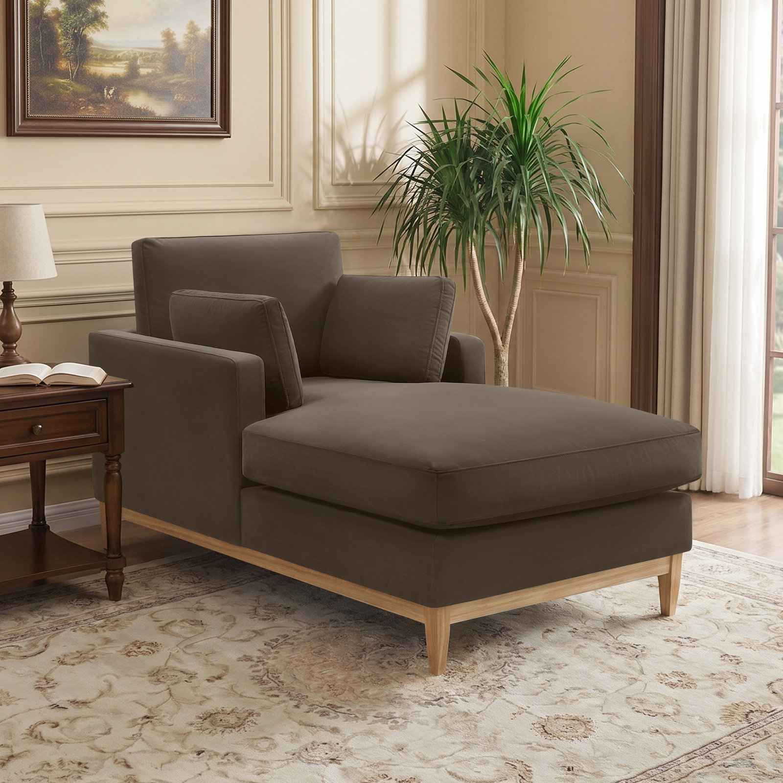 Velvet Upholstered Chaise Lounge, Espresso
