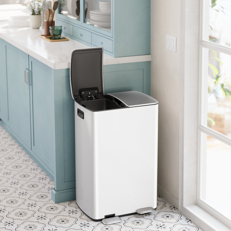 Poubelle à pédale multi-compartiments en acier inoxydable 2 x 8 gallons, Blanc