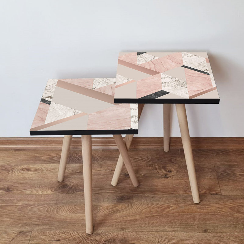 Ensemble de tables gigognes modernes (2 pièces), rose et vison, 13,8 x 18,5 x 13,8 pouces et 13,8 x 16,5 x 13,8 pouces | 100% panneau de fibres à densité moyenne avec pieds en bois de hêtre, design géométrique élégant | Parfait pour les salons et les bureaux contemporains