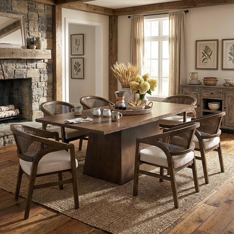 Declan 7-Piece Dining Table Set With Upholstered Chairs & Rattan Backs, Walnut
