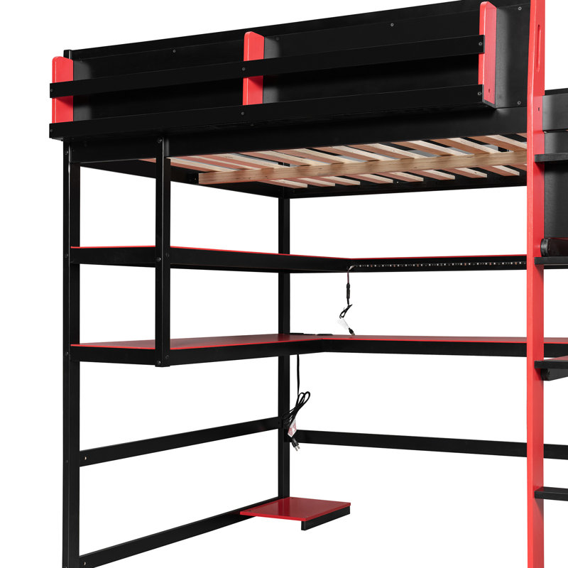 Lit mezzanine double en bois rouge avec bureau, rangement latéral et, pour un espace de jeu aristocratique, un espace bien équipé