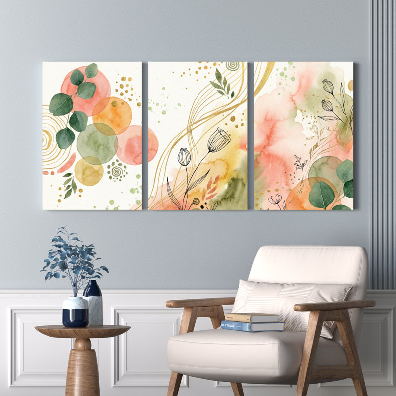 Abstrait art floral aquarelle sur toile tendue ensemble de 3 pour salon chambre à coucher, H 18 po x l 36 po