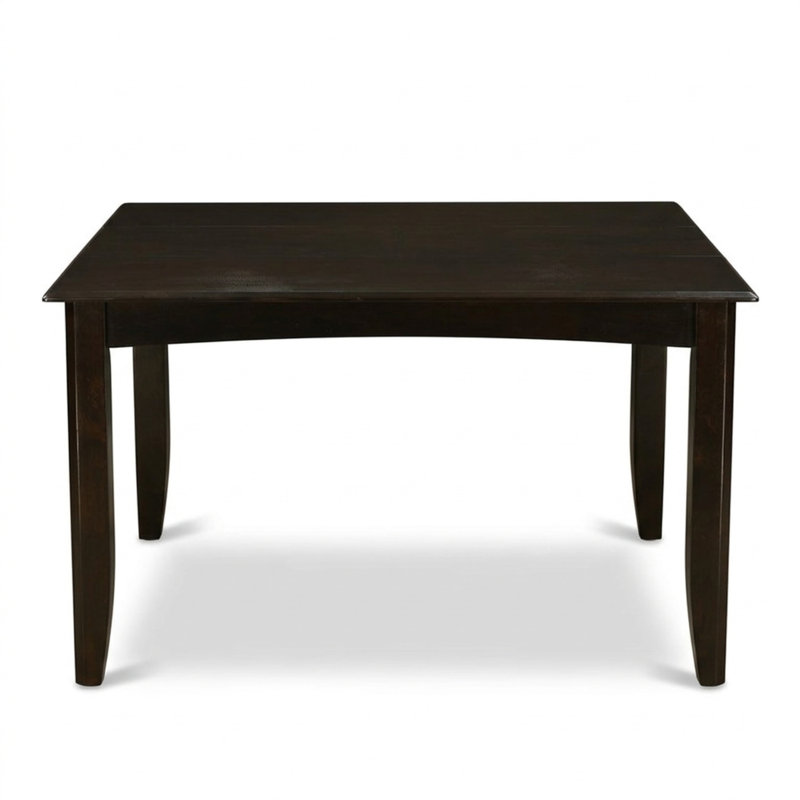 Ensemble de salle à manger avec table carrée en bois massif couleur cappuccino foncé, rallonge de 45 cm avec rangement intégré et 8 chaises à dossier échelle.