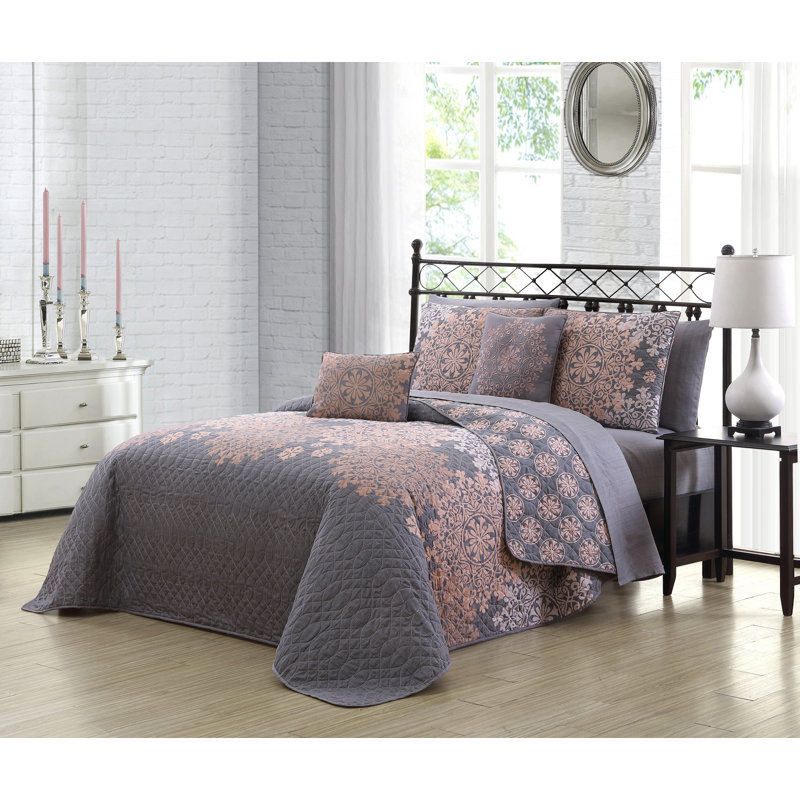 Ensemble de courtepointe réversible Amber, Courtepointe double / grand + 7 pièces supplémen, Gris/Rosé