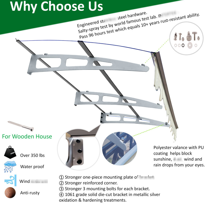79" X 34" Door Entrance Canopy With Polycarbonate Roof, Aluminum Bracket For Wooden House, Uv50+ Valance Included Window Awning Alloy Garden & Outdoor Wall