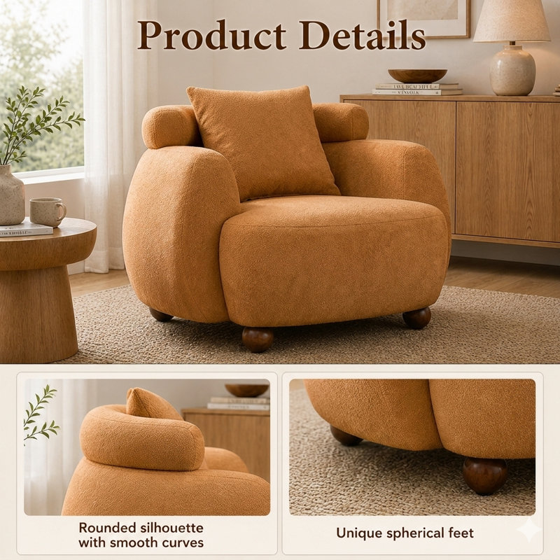 AUKFA Fauteuil seau de style nordique en chenille de 38 po de style nordique avec coussin et coussin moelleux, pour salon, bureau, couleur caramel