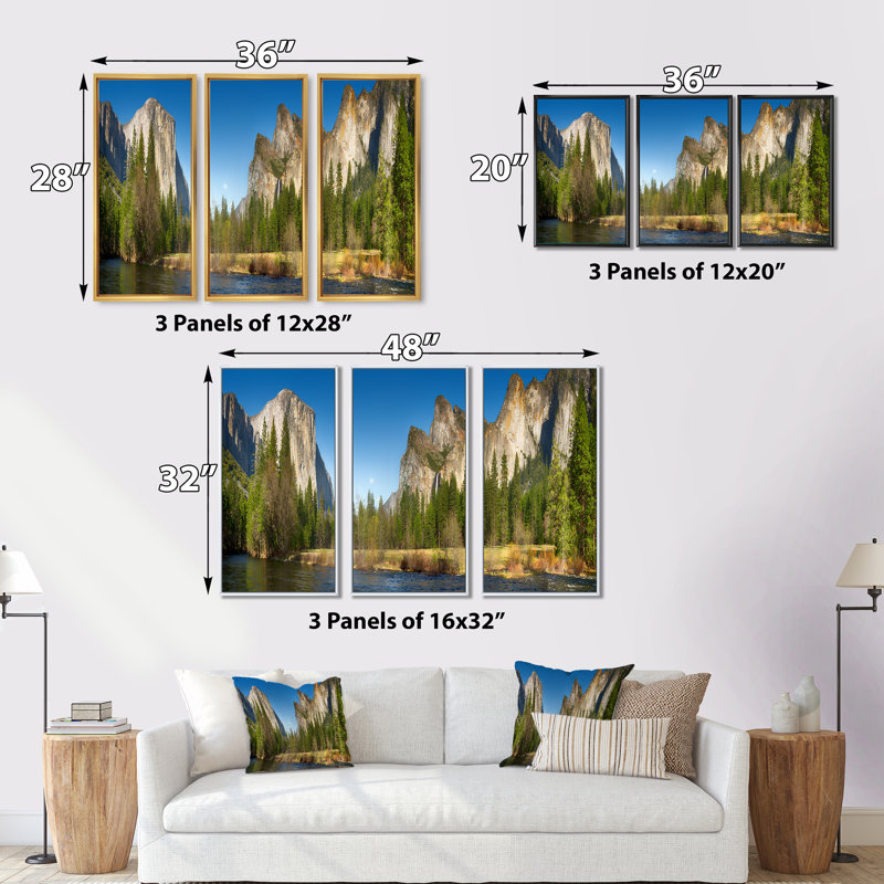 Yosemite Valley Panorama - ensemble d'art mural sur toile encadré paysage de 3, L 36 po x H 28 po, Noir