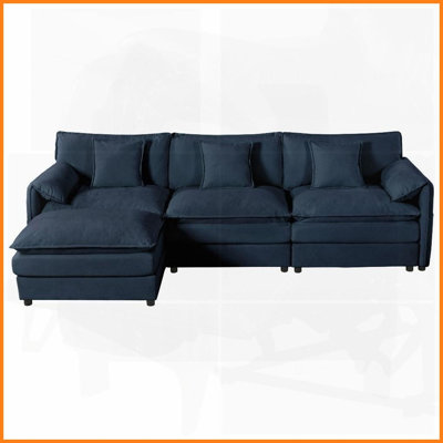 Canapé modulaire en L en chenille moderne à 3 places avec repose-pieds mobile pour salon, bleu