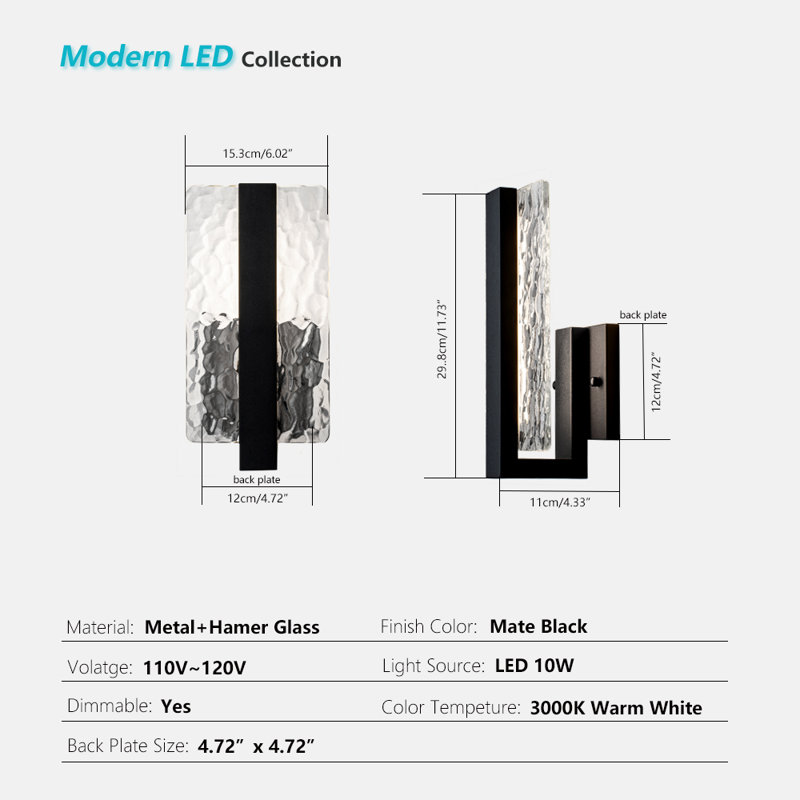 11.73" Modern Outdoor Led Wall Sconce with Water Glass, 3000K Warm White, Set of 2, 3000 Kelvins