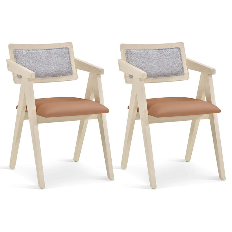 Ensemble de 2 chaises d'appoint modernes avec coussins de siège et dossiers en sherpa Leathaire, Similicuir fauve, Beige