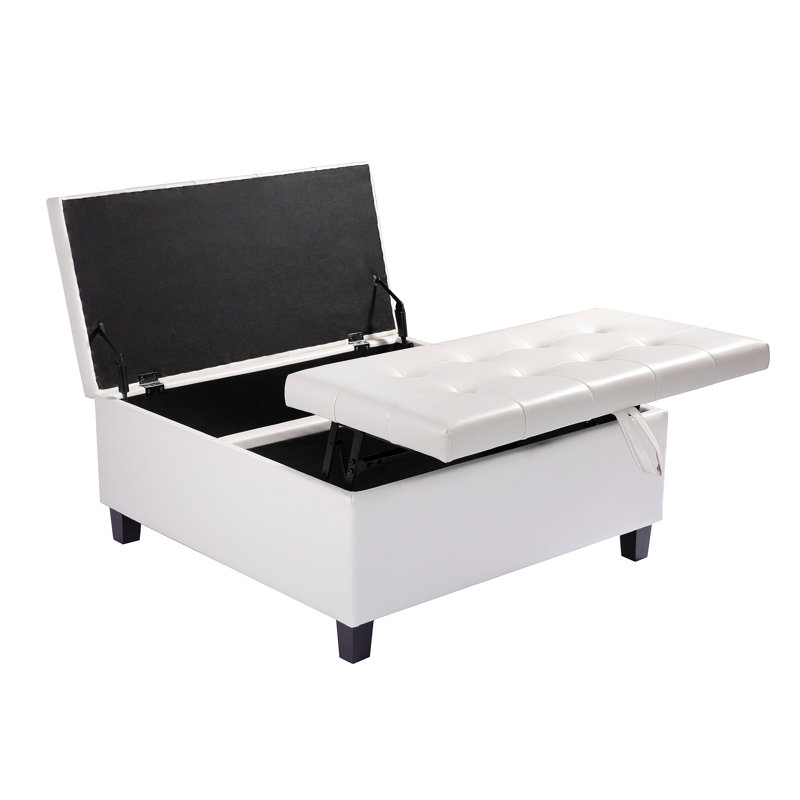Ciara 35.43" Wide Button Tufted Square Storage Ottoman Upholstered Lift Top Large Ottoman Coffee Table, White Faux Leather