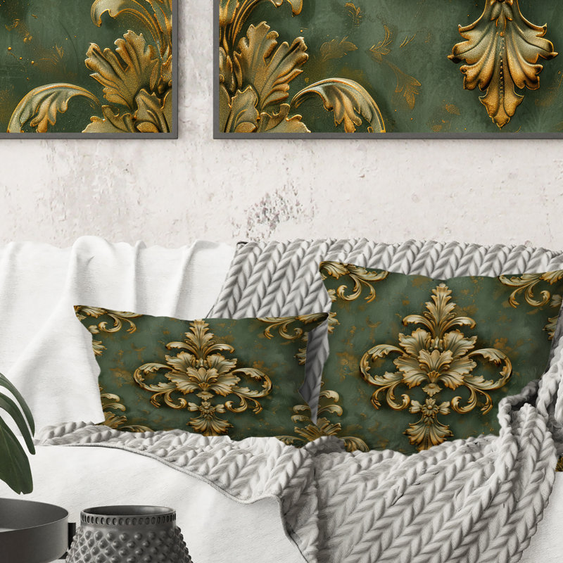 Imprimé damassé rétro vert doré - coussin lombaire rétro