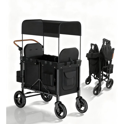 2 Seater Black Foldable Stroller Wagon with Convertible Seats, Adjustable Push Pull Handle & Removable Canopy
