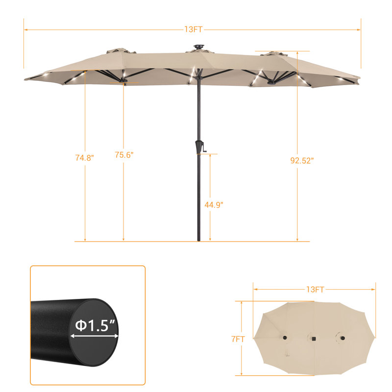 Grand parasol de marché extérieur DEL rectangulaire à double face DEL, H 7 pi 7 po x l 13 pi x P 7 pi, Sable