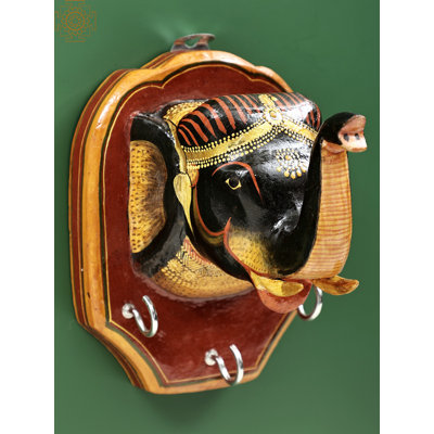 6" Hand-Painted Wooden Elephant Key Hanger - 3-Hook Entryway Organizer, Auspicious Indian Art Accent for Hallways & Home Décor​