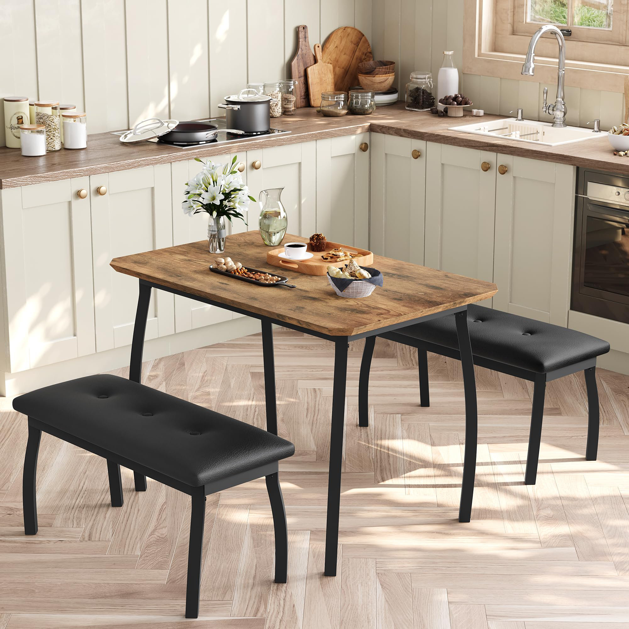 Ebern Designs Dining Table Set for 4, 3-Piece Wooden Kitchen Table with ...