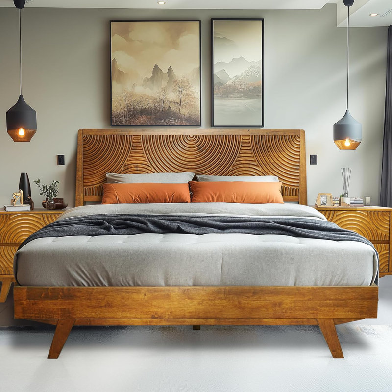 Structure de lit Harmony en bois massif de style plateforme avec tête de lit sculptée, style Mid-Century moderne, aucun sommier nécessaire, assemblage d'outils intelligents, capacité de 800 lb