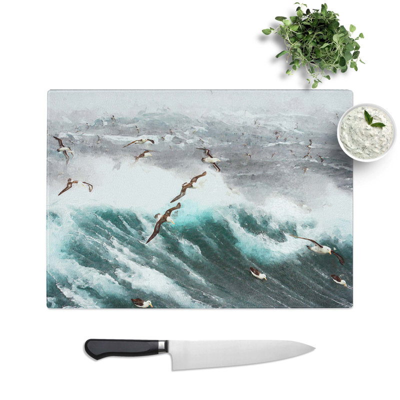 Tempered Glass Seagulls Above the Ocean Chopping Board, 39 cm W x 28.5 cm L