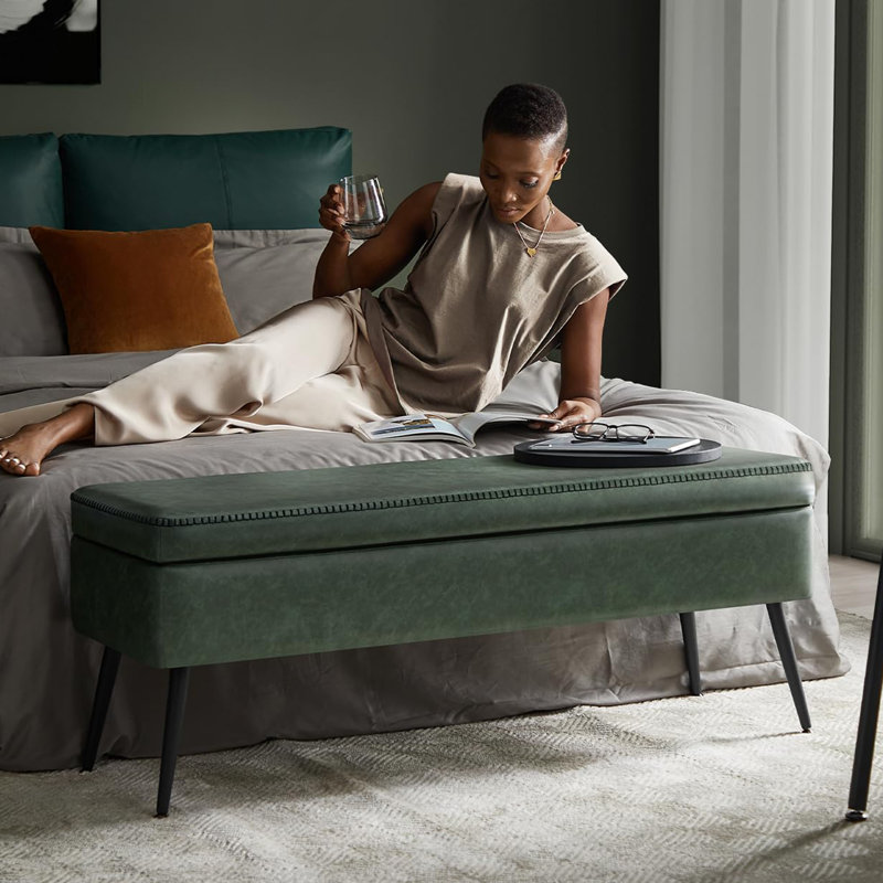Khailah Faux Leather Upholstered Storage Bench, Green