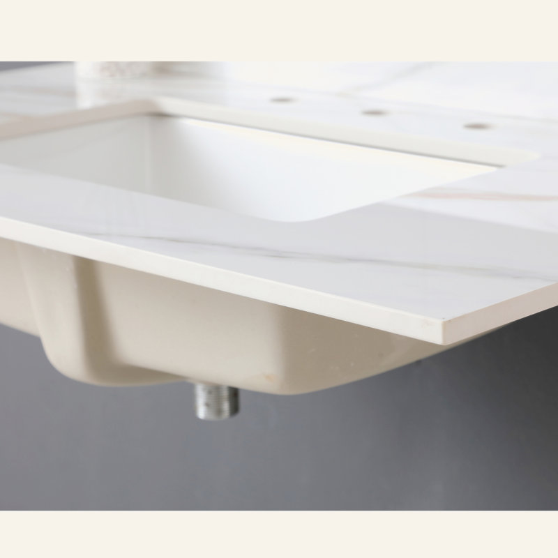 37 Inch Marble Vanity Top, Bathroom Vanity Top With Undermount Rectangular Middle Sink And 4" Height Backsplash, Pre-Drilled  Faucet Hole  Vanity Top, Carrara White With Veins