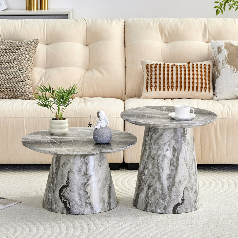 Table basse emboîtable, table basse de style médiéval-moderne, avec placage gris, ensemble de table basse ronde classique et de table d'appoint, salon simple, table de centre de bureau, table basse
