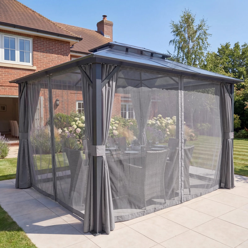GRDN living Retreat 3.6m x 3m Hardtop Gazebo with Double Polycarbonate Roof in Anthracite Grey with Curtains