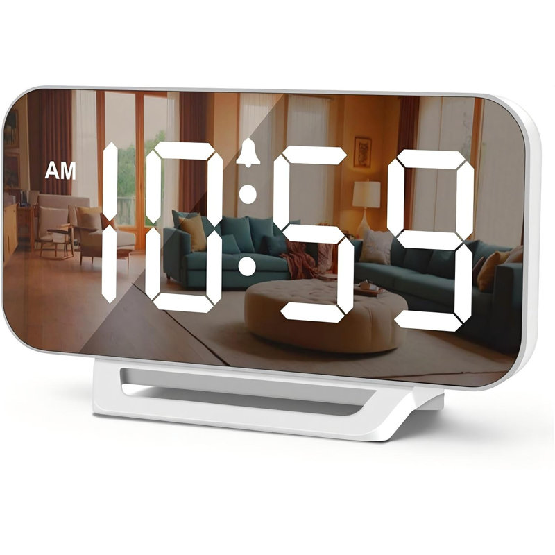 Réveil-matin numérique à miroir avec miroir, grande horloge à écran miroir de 6,3 pouces avec réglage de la température et de la luminosité, mémoire de pile, petite table de chevet en plastique ABS pour bureau de chambre à coucher, piles non incluses